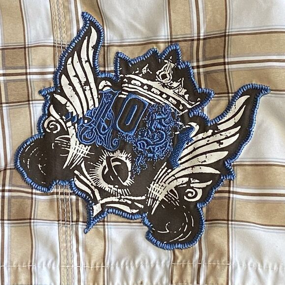 Lost Enterprises Board Shorts Plaid Crown Wings Embroidered Patches Men's Sz 36 - Picture 3 of 9